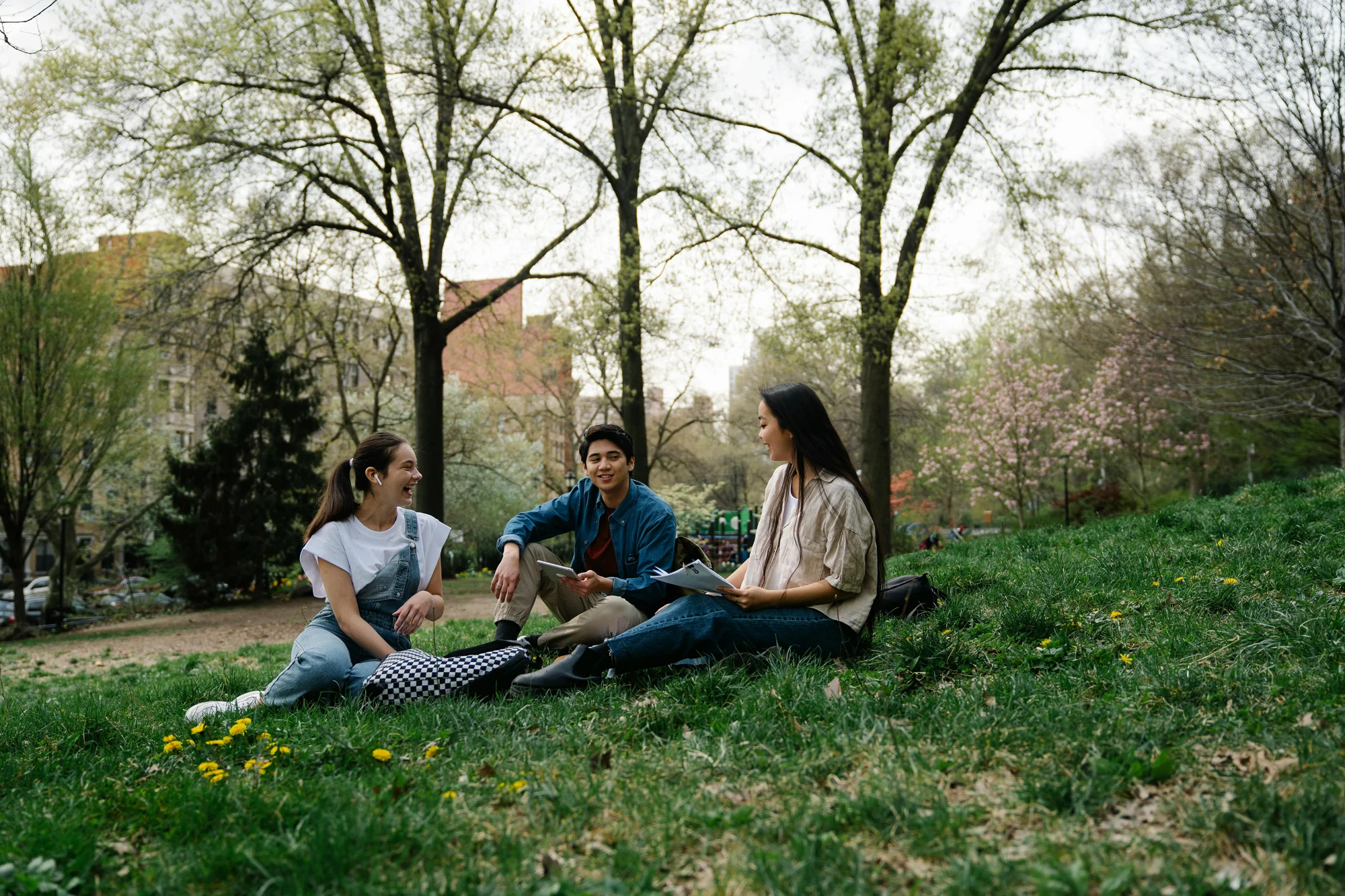 College-Students Three young people recline on a green lawn on a campus, talking and laughing