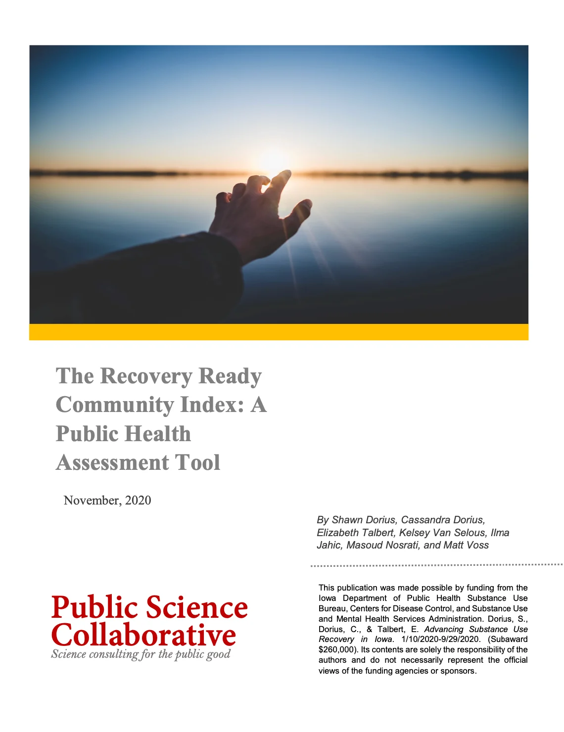 Title page for report The Recovery Ready Community Index: A Public Health Assessment Tool