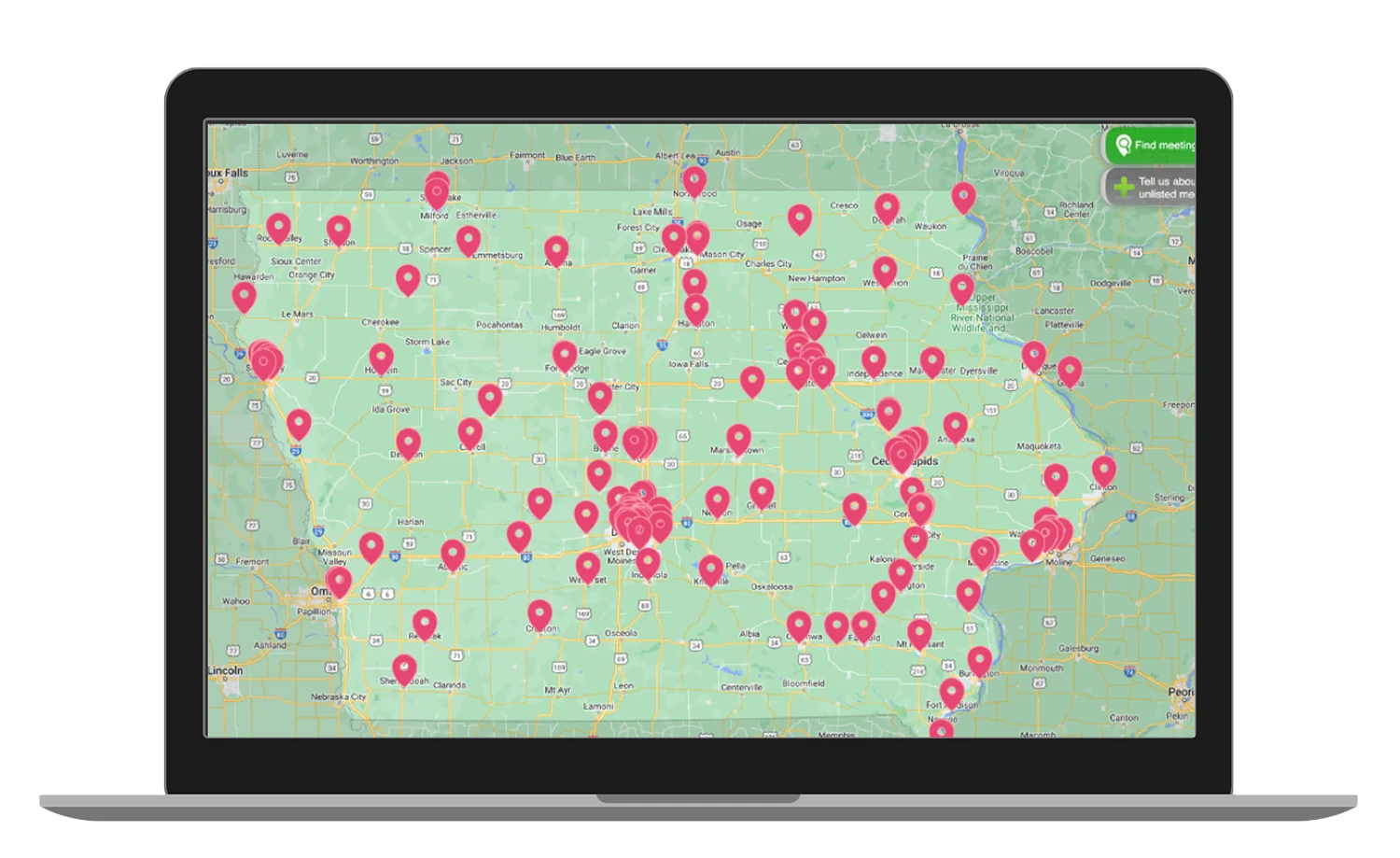 Image of laptop with the meetings finder map displayed