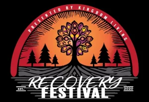 Logo of Recovery Festival. It is an illustration of 6 small pine trees surrounding one big tree, symbolizing recovery. 