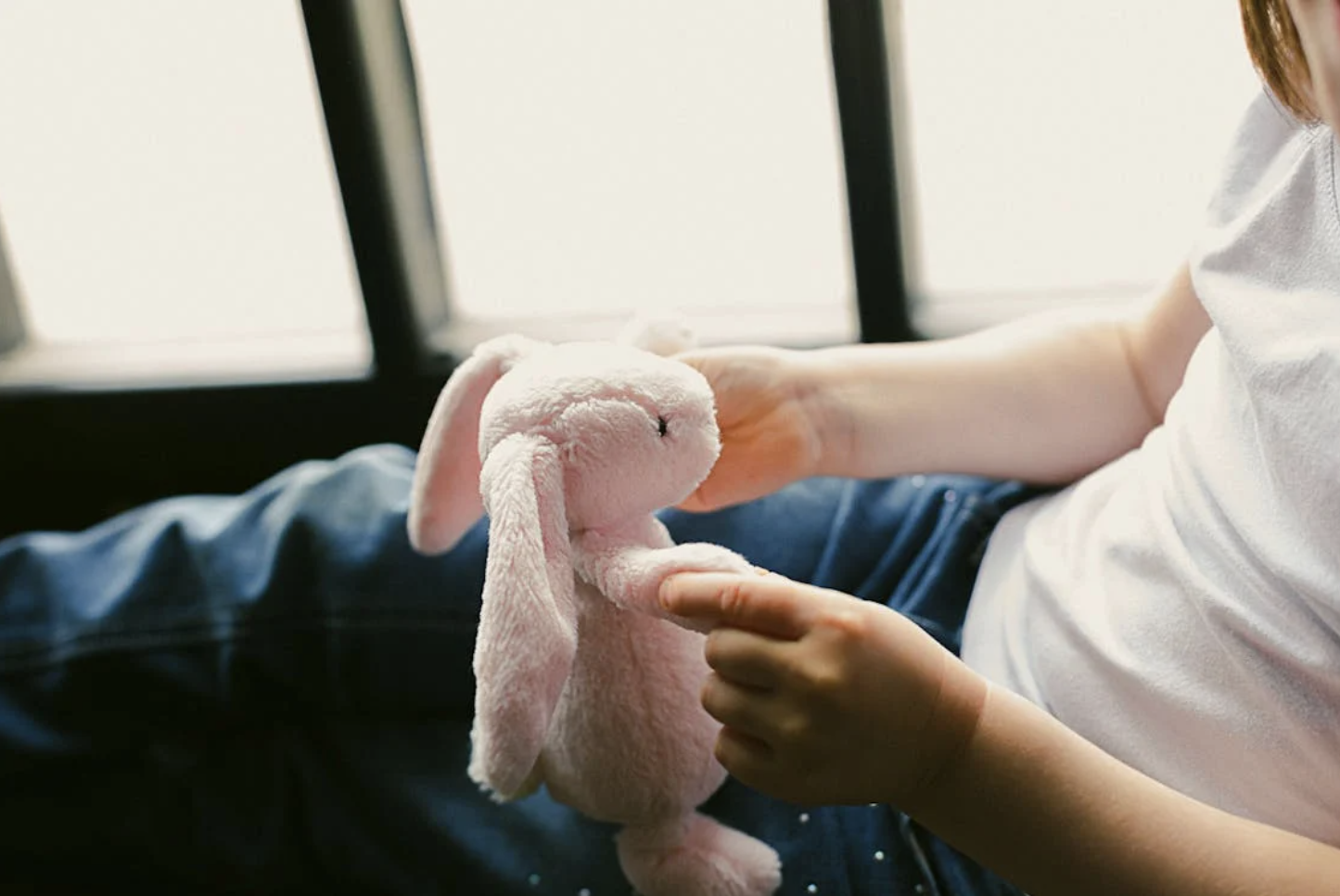 A child holding a bunny in a car.