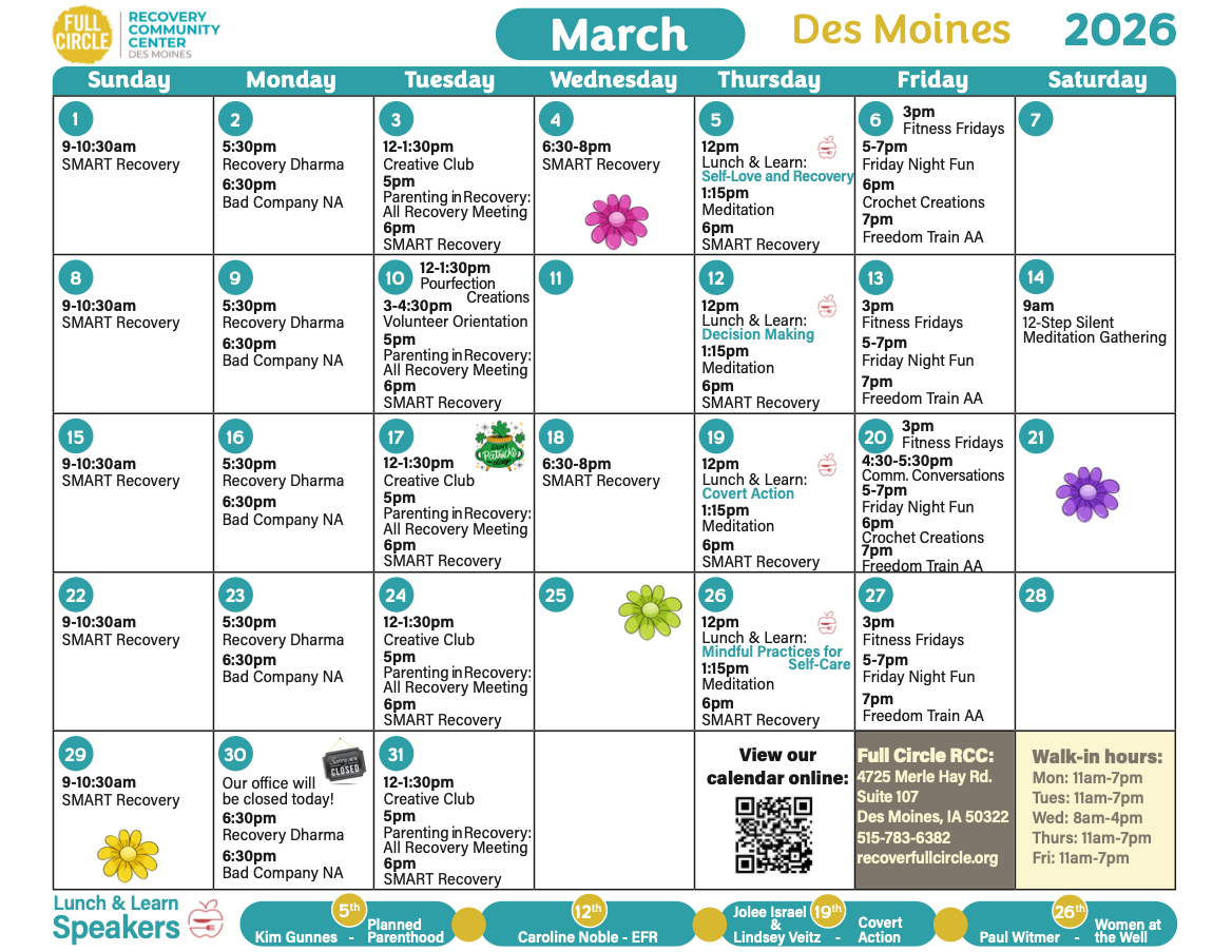 Full Circle Des Moines March 2026 Calendar