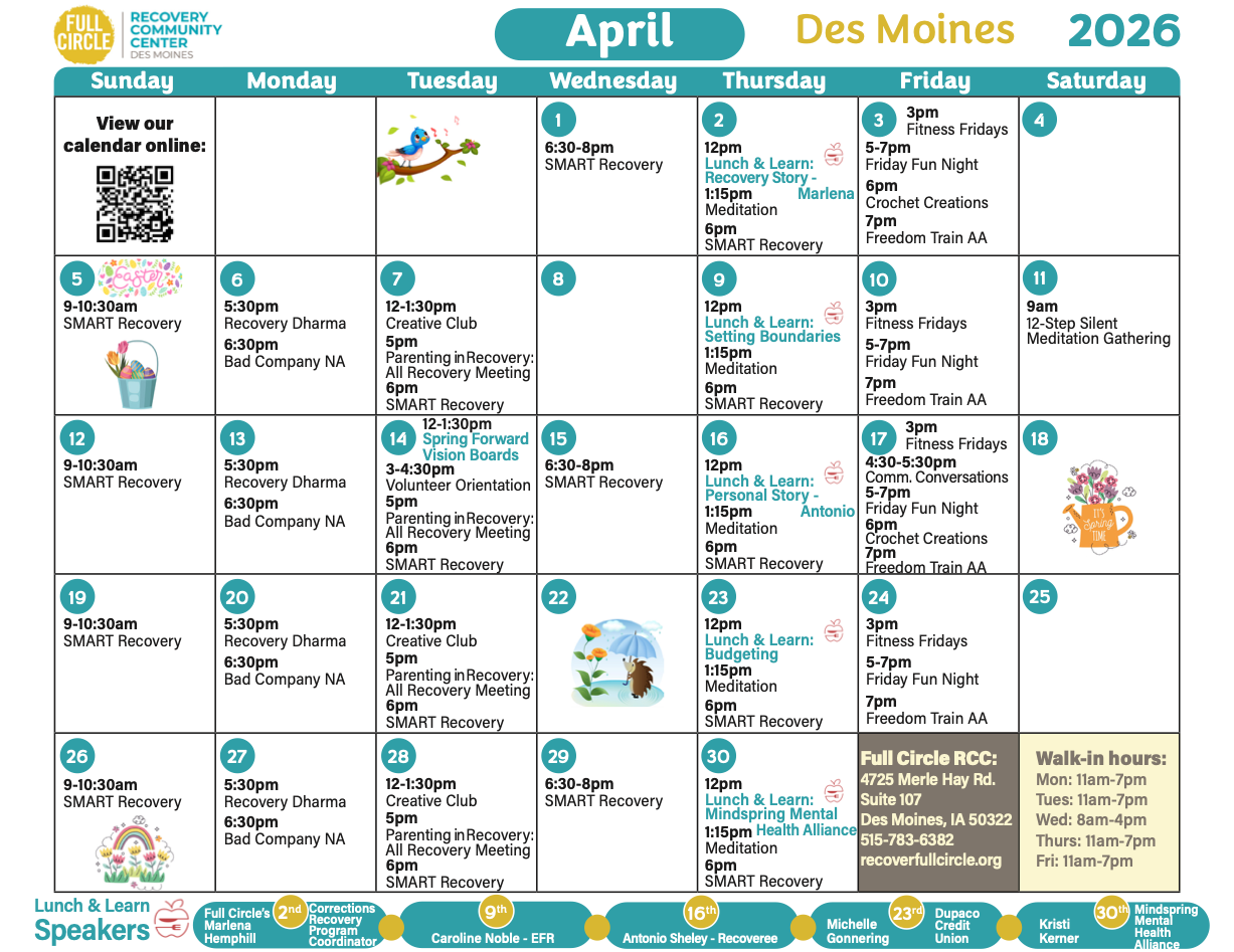 Full Circle Des Moines April 2026 calendar