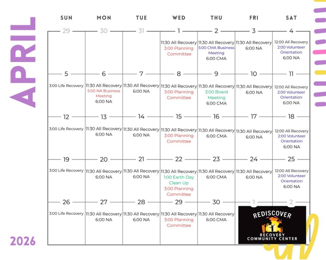 Rediscover RCC April 2026 calendar