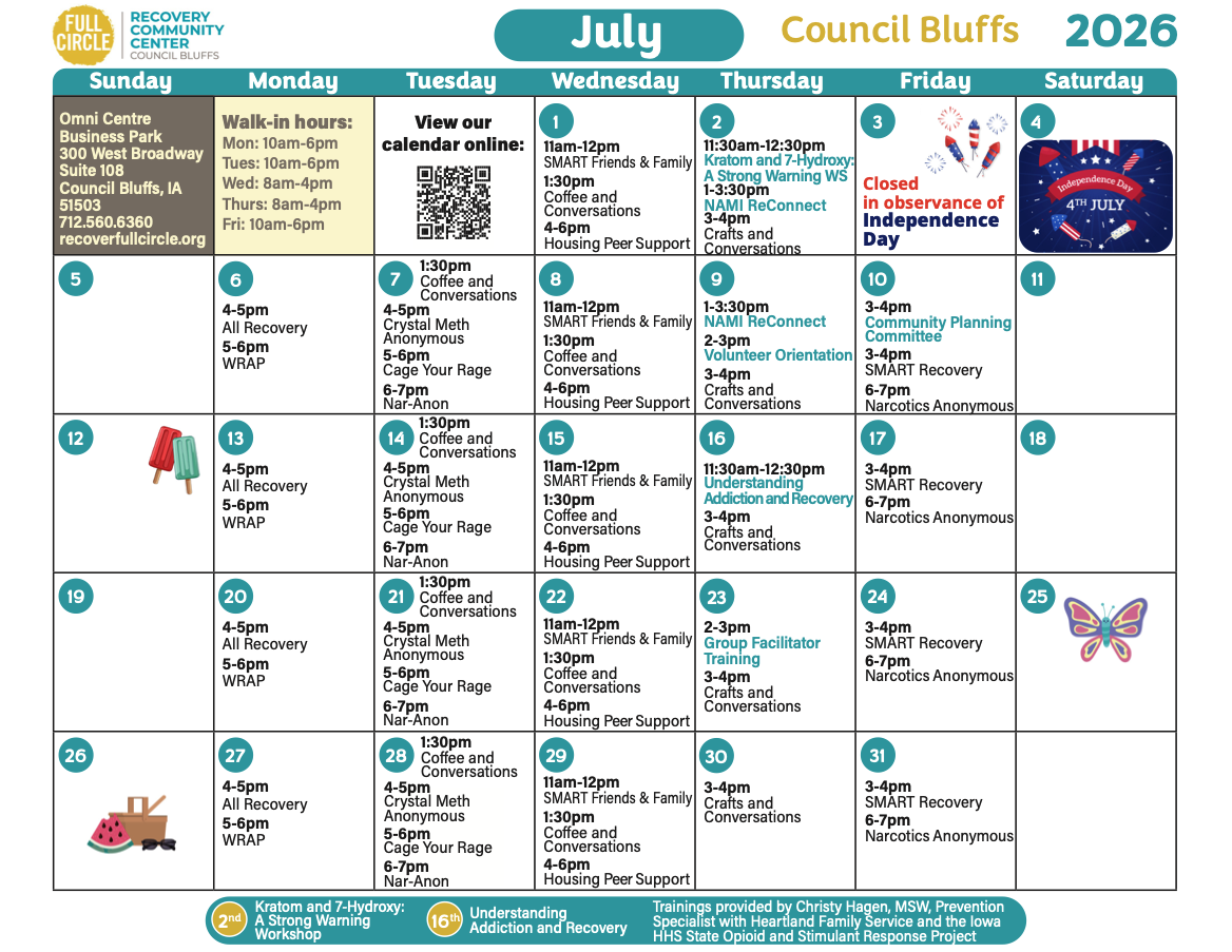Full Circle Council Bluffs July 2026 Calendar