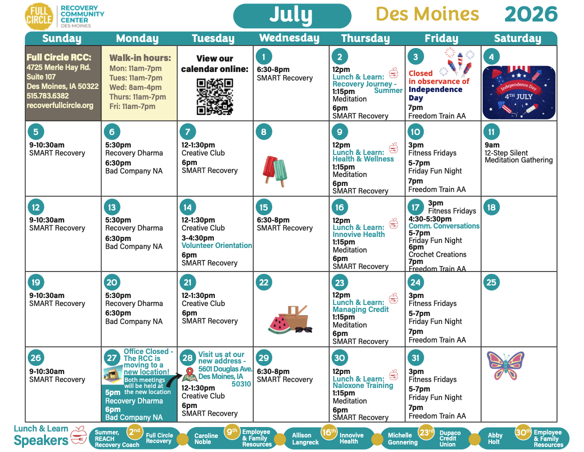 Full Circle Des Moines July 2026 Calendar