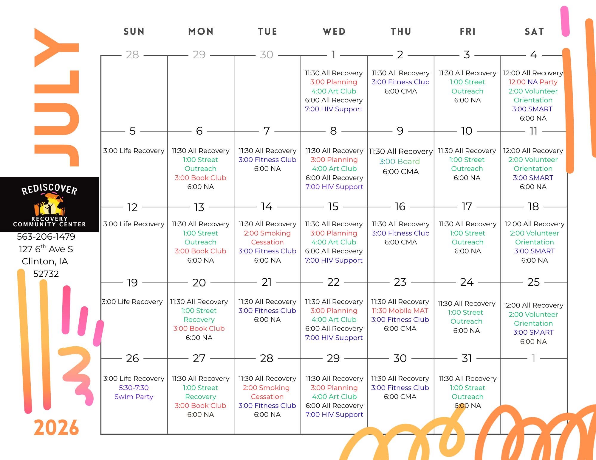 Rediscover RCC July 2026 Calendar